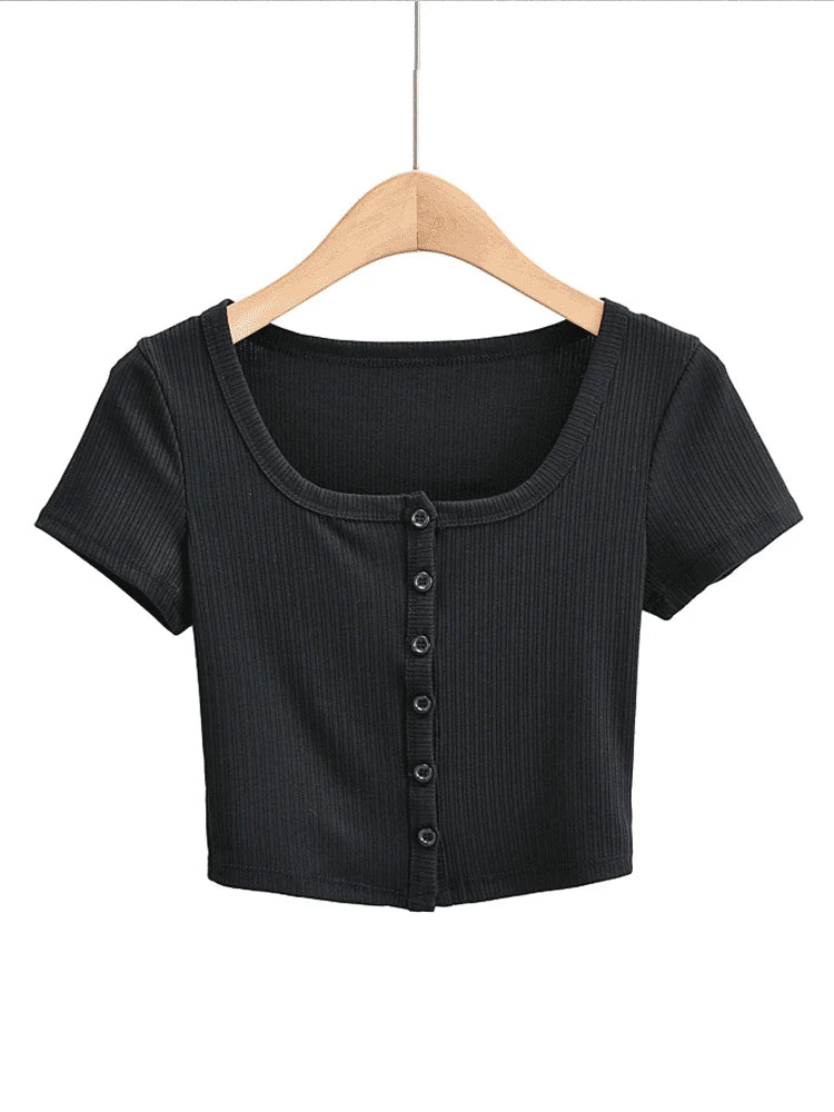Women Rib Button Through Short Sleeve Top