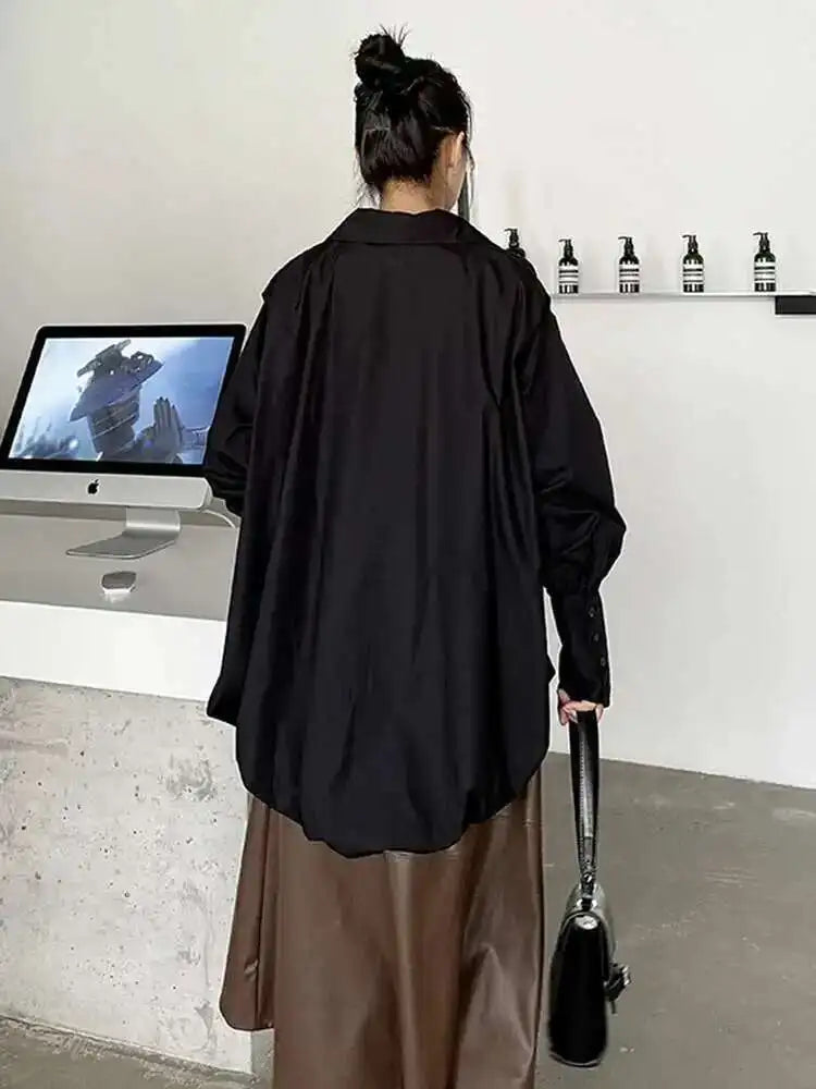 Women White Back Long Irregular Big Size Blouse New V-Neck Long Sleeve Shirt Fashion Tide Spring Autumn 2025 1DH6949