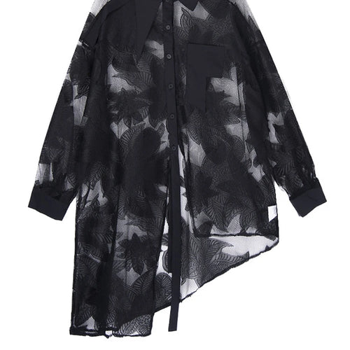 Load image into Gallery viewer, Women Black Lace Perspective Elegant Big Size Blouse New Lapel Long Sleeve Shirt Fashion Tide Spring Autumn 2025 1DJ1416
