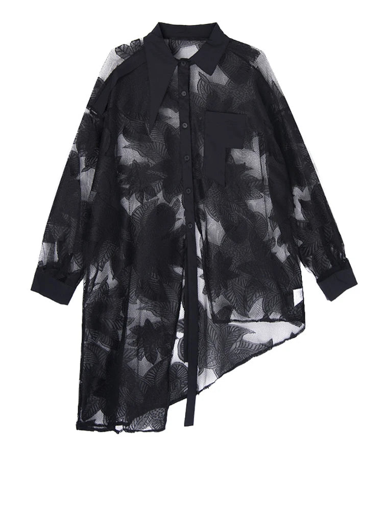 Women Black Lace Perspective Elegant Big Size Blouse New Lapel Long Sleeve Shirt Fashion Tide Spring Autumn 2025 1DJ1416