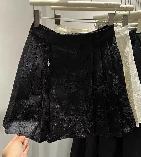Beige Embroidery Floral Women Pleated Skirts 2024 New Chinese Style Black High Waist Slim A-line Spring Summer Retro Short Skirt
