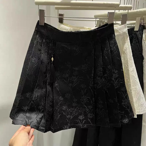 Load image into Gallery viewer, Beige Embroidery Floral Women Pleated Skirts 2024 New Chinese Style Black High Waist Slim A-line Spring Summer Retro Short Skirt
