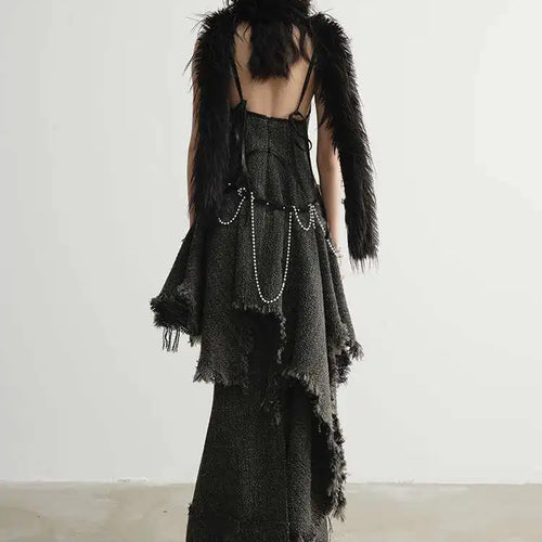 Load image into Gallery viewer, Women 25% Wool Irregular Tassels Burr Hem Vintage Dress New V-Neck Sleeveless Fashion Tide Autumn Winter 2025 1DH4036
