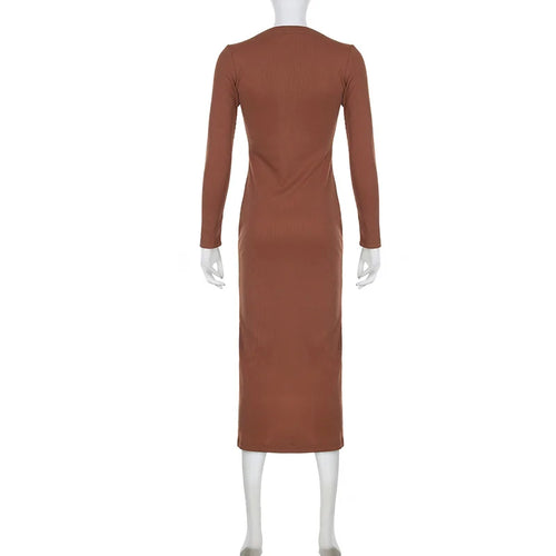 Load image into Gallery viewer, Asymmetrical Brown Knitted Autumn Dress Sexy Split Buttons Slim Casual Elegant Long Dress Ladies Clubwear Basic 2024
