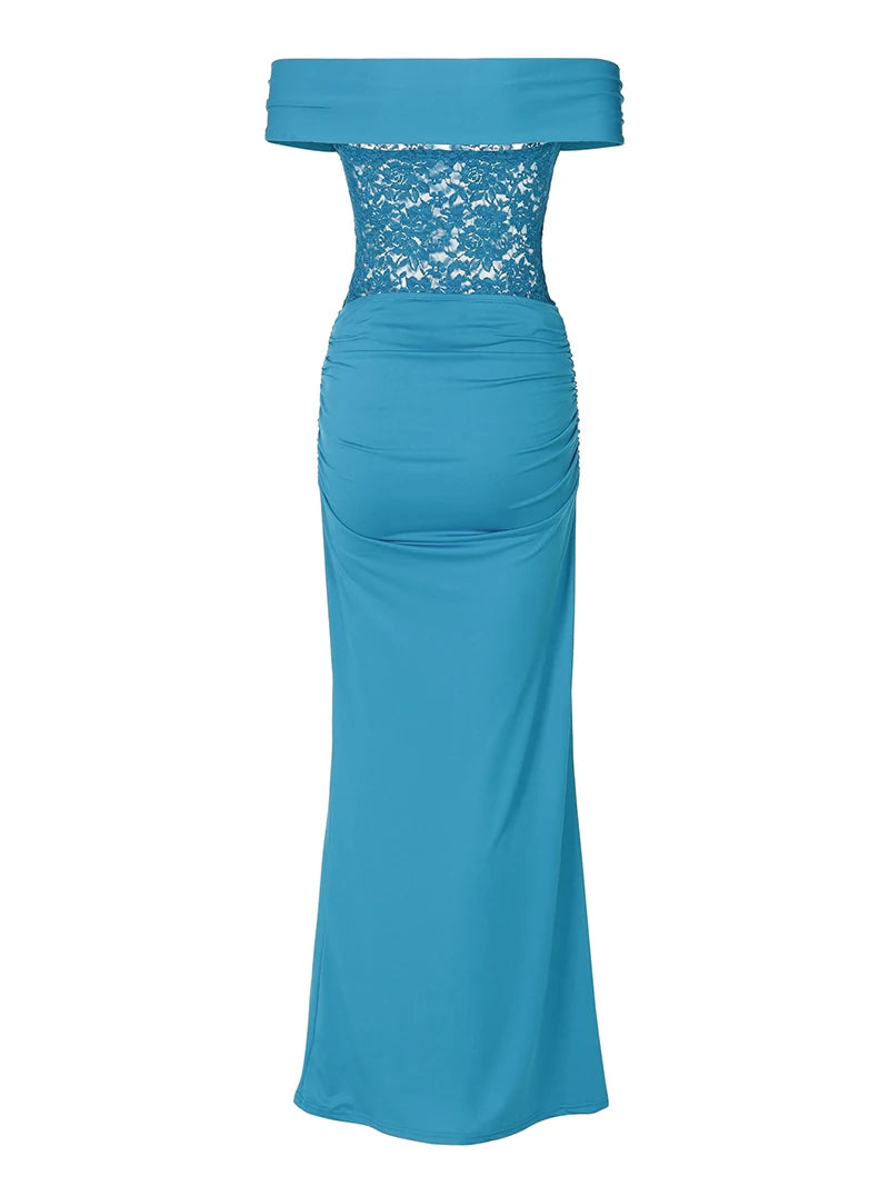 Off-shoulder Strapless Sexy Maxi Dress For Women Elegant Blue Sleeveless Backless Lace Patchwork Bodycon Long Dress