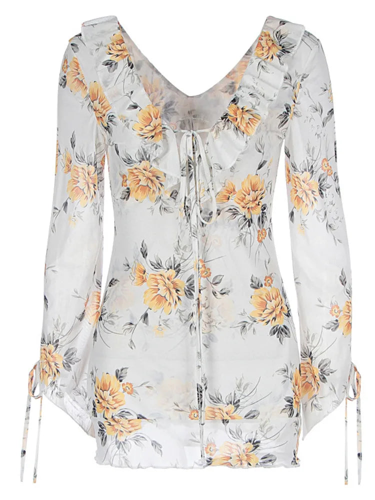 Sexy Long Sleeve Flower Deep V-neck Print Backless Mini Dress For Women Slim Lace-Up Club Party Dress Ladies Outfits