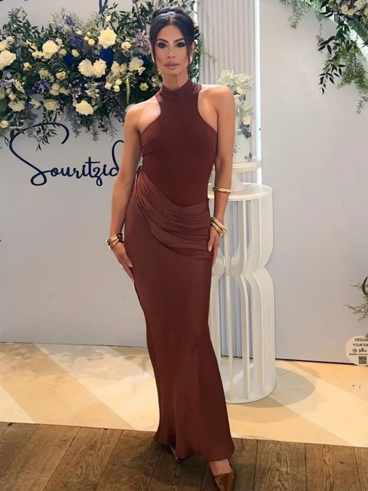 Elegant Sleeveless Satin Patchwork Hollow Out Long Dress Women Sexy Elastic Tight Female Party Club Evening Vestidos2024