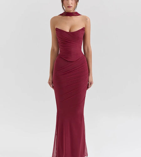Wine Red Sexy Two Piece Sets Women Neckerchief Strapless Crop Tops And Maxi Skirt Sets Club Party Skirt Two Piece Sets