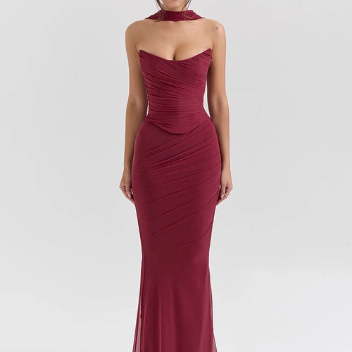 Load image into Gallery viewer, Wine Red Sexy Two Piece Sets Women Neckerchief Strapless Crop Tops And Maxi Skirt Sets Club Party Skirt Two Piece Sets
