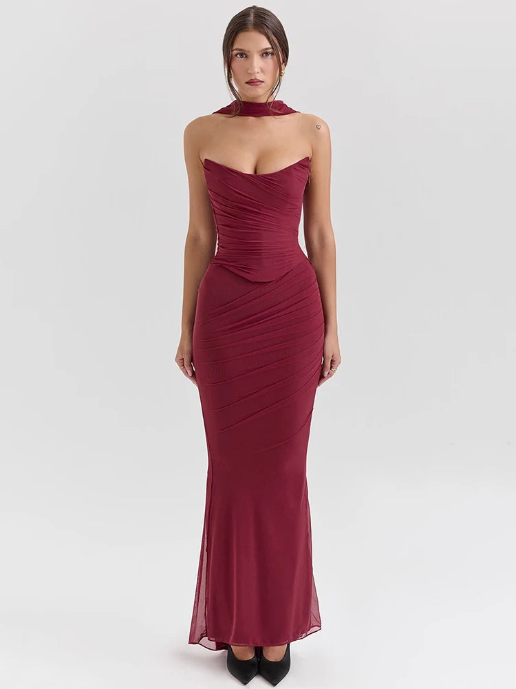 Wine Red Sexy Two Piece Sets Women Neckerchief Strapless Crop Tops And Maxi Skirt Sets Club Party Skirt Two Piece Sets