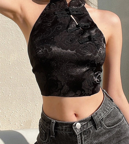 Chinese Style Elegant Jacquard Black Halter Top Backless Lace Up Bow Summer Tank Top Women Sexy Vest Gothic Crop Tops