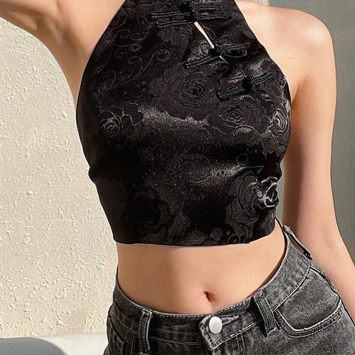 Load image into Gallery viewer, Chinese Style Elegant Jacquard Black Halter Top Backless Lace Up Bow Summer Tank Top Women Sexy Vest Gothic Crop Tops
