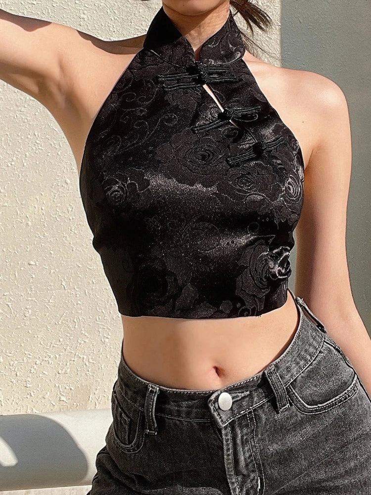 Chinese Style Elegant Jacquard Black Halter Top Backless Lace Up Bow Summer Tank Top Women Sexy Vest Gothic Crop Tops