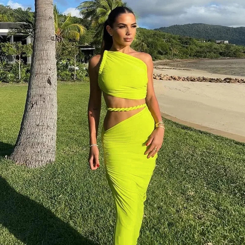 Green Sexy Two Piece Sets Women Oblique Shoulder Crop Tops And Maxi Skirt Female Thigh High Split Ruched Long Dress