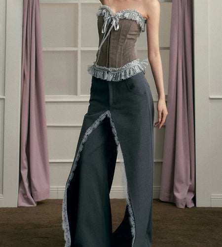 Hit Color Chic Two Piece Set For Women Strapless Sleeveless Vest High Waist Designer Pant Slimming Sets Female New