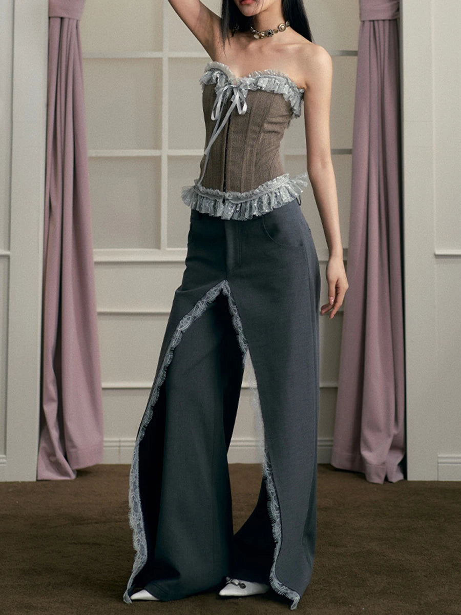 Hit Color Chic Two Piece Set For Women Strapless Sleeveless Vest High Waist Designer Pant Slimming Sets Female New