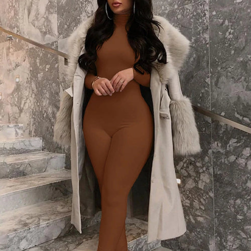 Load image into Gallery viewer, High Neck Long Sleeve Zipper Long Sleeve Jumpsuit Women Elastic Tight Casual Female Jumpsuit Temperament Outdoor Sporty
