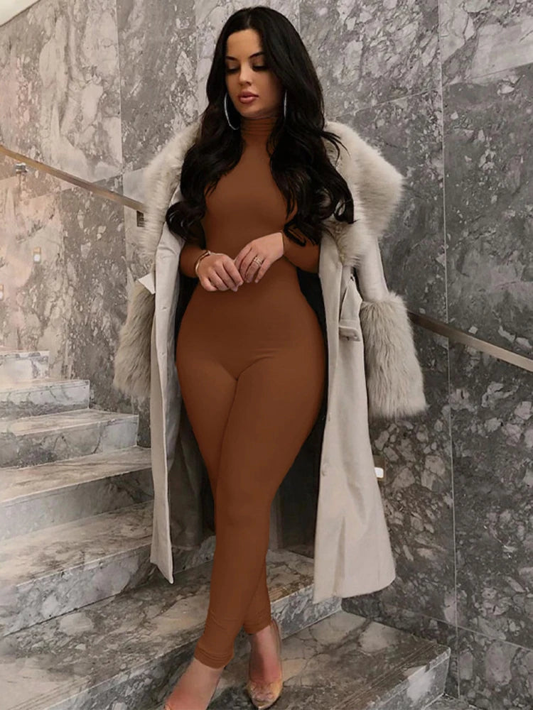 High Neck Long Sleeve Zipper Long Sleeve Jumpsuit Women Elastic Tight Casual Female Jumpsuit Temperament Outdoor Sporty