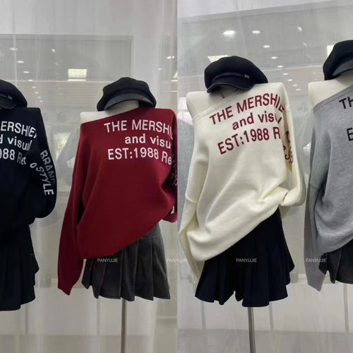 Load image into Gallery viewer, Korean Fashion Women Sloping Shoulder Letter Print Short Pullover Knitted Loose Sweater 2024 Autumn Winter Long Sleeve Tops Chic
