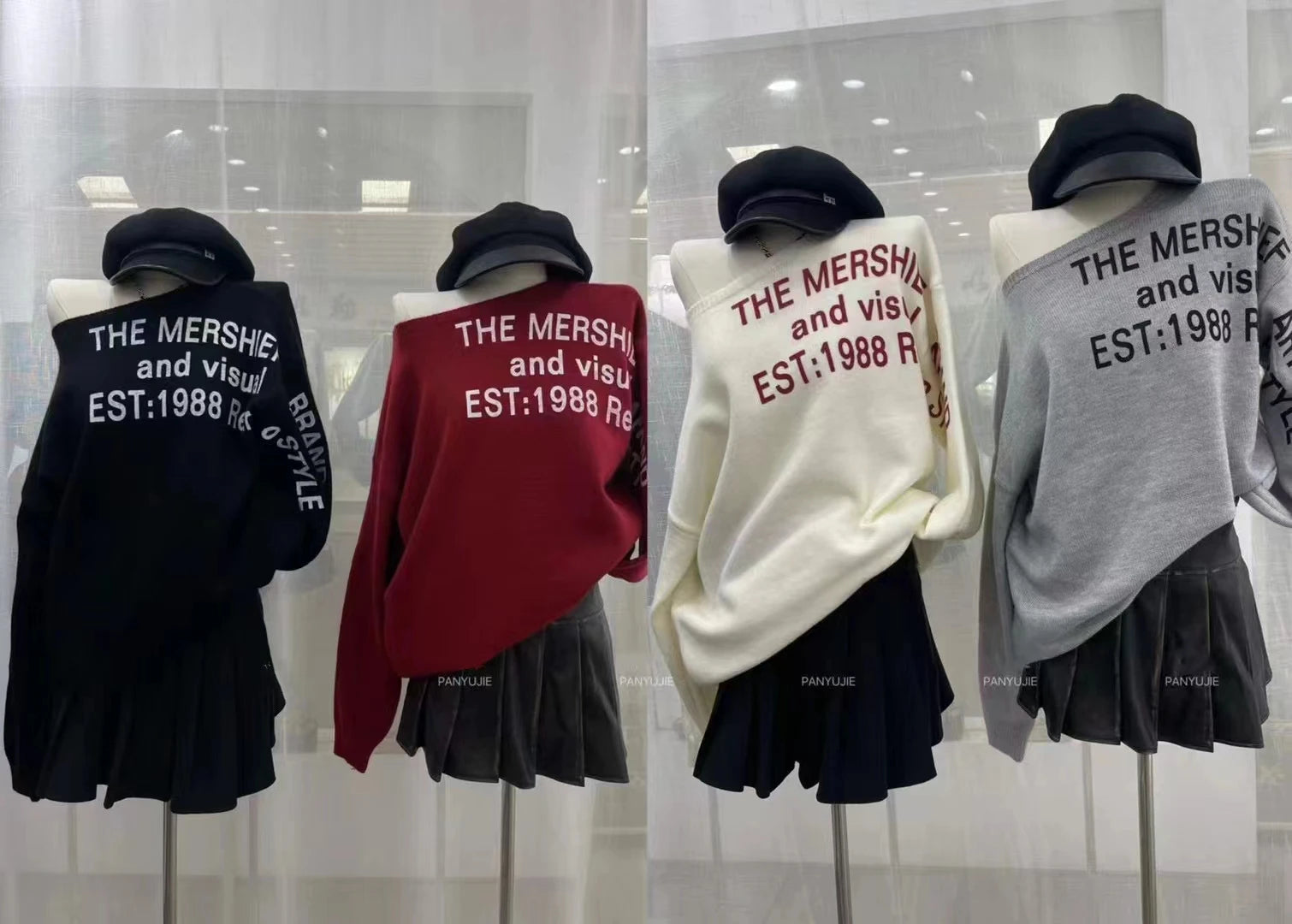 Korean Fashion Women Sloping Shoulder Letter Print Short Pullover Knitted Loose Sweater 2024 Autumn Winter Long Sleeve Tops Chic