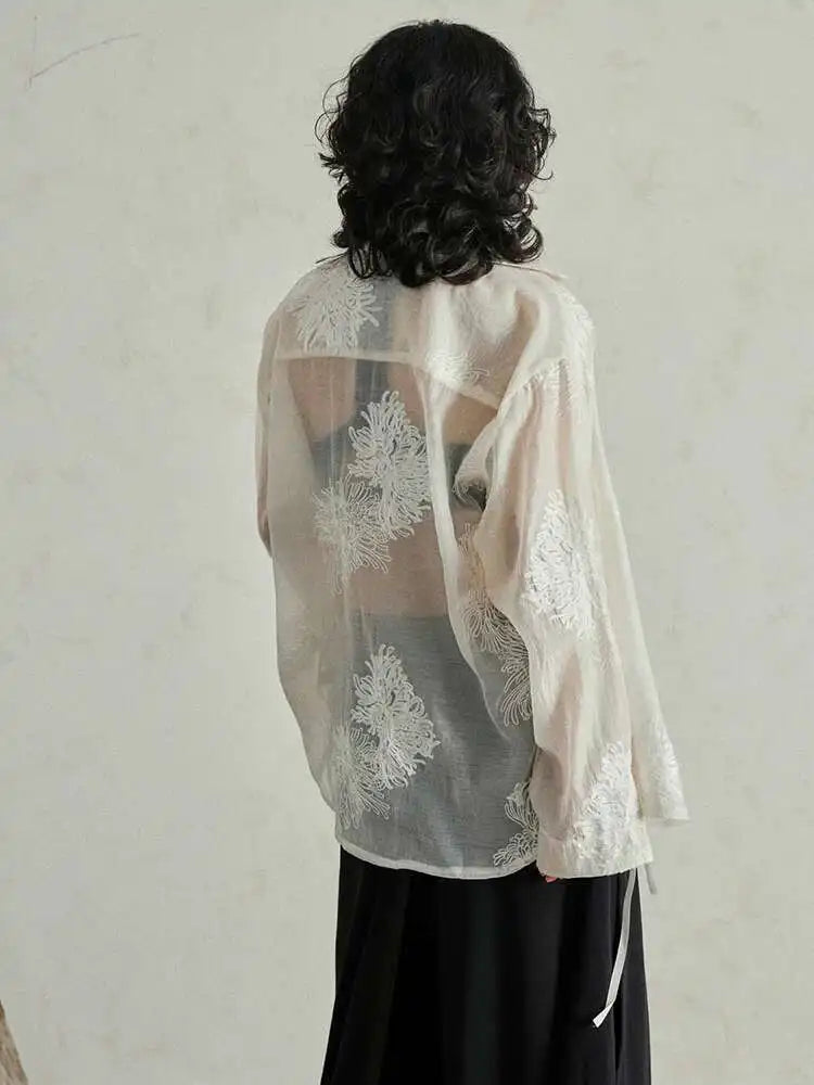 Women Black Printed Perspective Big Size Thin Blouse New Lapel Long Sleeve Shirt Fashion Tide Spring Autumn 2025 1DH4976