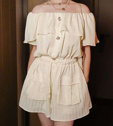 Solid Spliced Button Elegant Rompers for Women Slash Neck Short Sleeves Patchwork Ruffles Folds Romper Female New