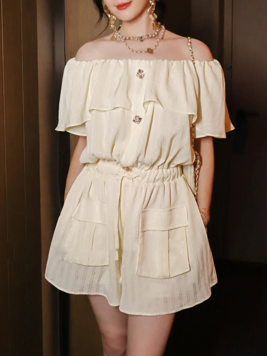 Solid Spliced Button Elegant Rompers for Women Slash Neck Short Sleeves Patchwork Ruffles Folds Romper Female New