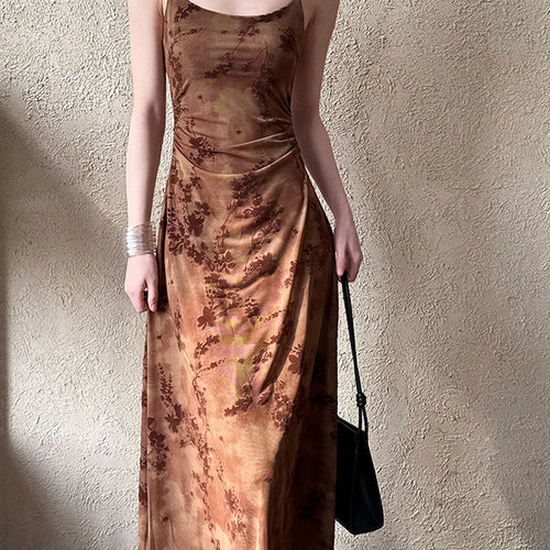 Load image into Gallery viewer, Women Brown Printed Vintage Long Spaghetti Strap Dress New Round Neck Sleeveless Fashion Tide Spring Summer 2025 1DJ0289
