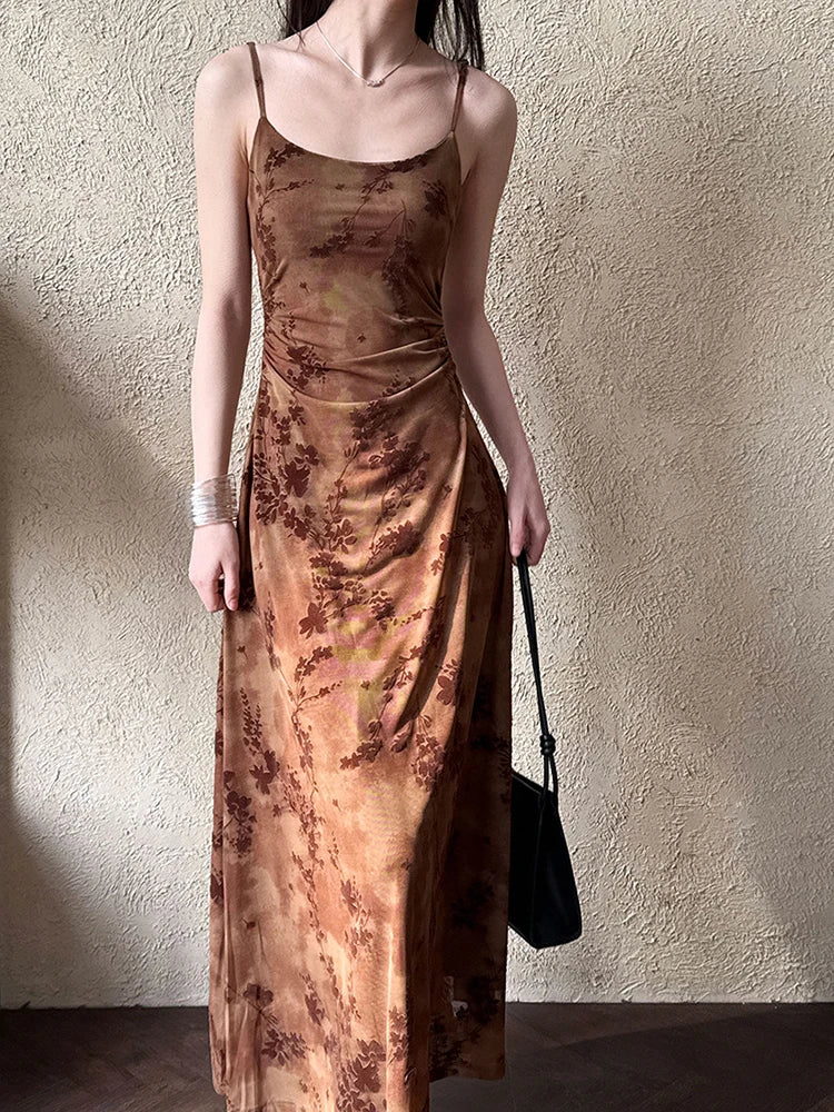 Women Brown Printed Vintage Long Spaghetti Strap Dress New Round Neck Sleeveless Fashion Tide Spring Summer 2025 1DJ0289