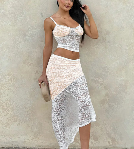 Lace Sexy Two Piece Sets Women Lace Halter Cropped Tops And Skirt Ladies Print Contrast Color Club Party 2 Piece Sets