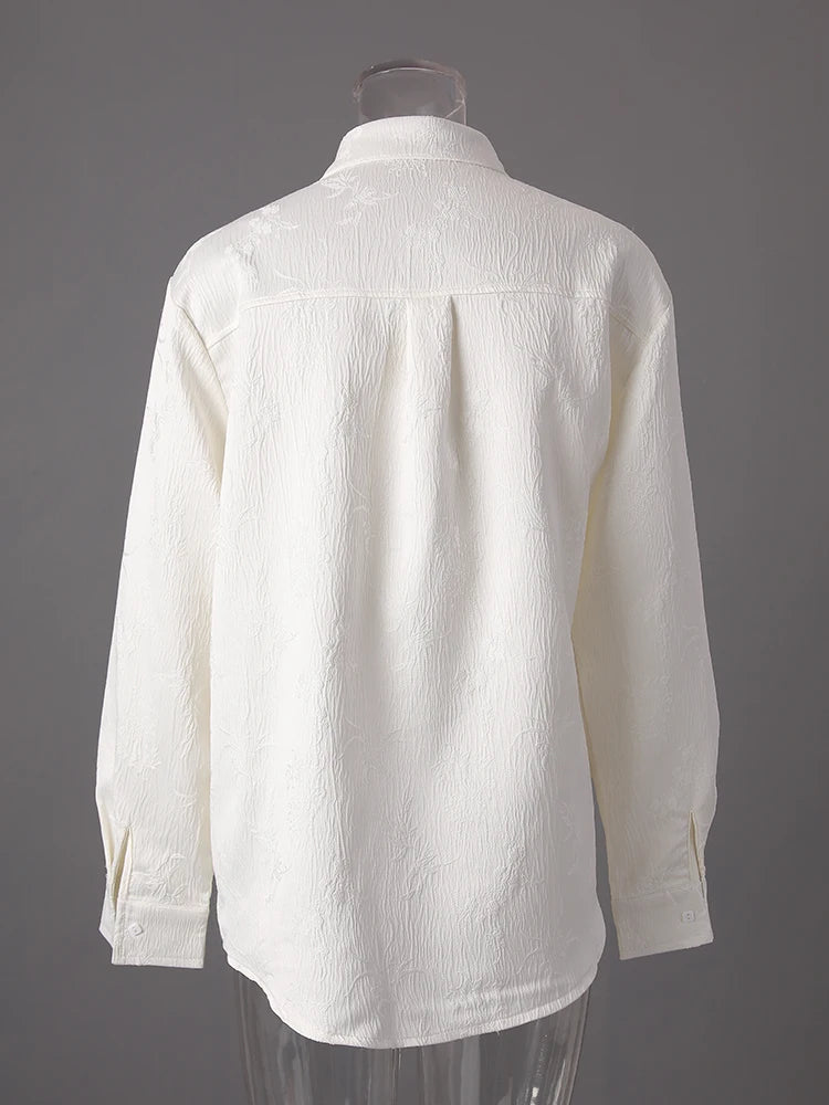 Women Beige Button Jacquard Bandage Big Size Blouse New Lapel Long Sleeve Shirt Fashion Tide Spring Autumn 2025 CPG3221