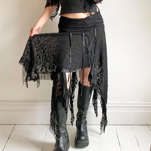 Load image into Gallery viewer, Streetwear Asymmetrical Slim Lace Skirt Female Folds Tie-Up Stitching Holidays Party Sexy Midi Skirt Fringe Clothing
