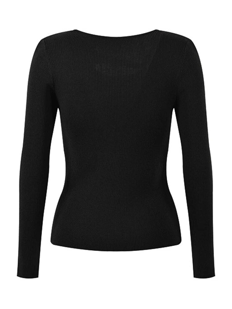 Solid Slimming Hollow Out Knitting Sweaters For Women Round Neck Long Sleeve Temperament Sweater Female Fashion