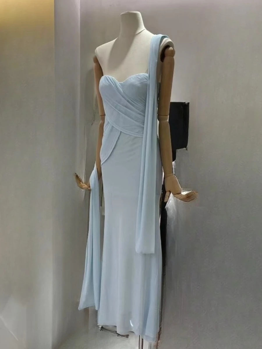 Slimming Sheer Spliced Folds Sexy Dresses for Women Strapless Sleeveless Patchwork Ribbon Elegant Dress Female New