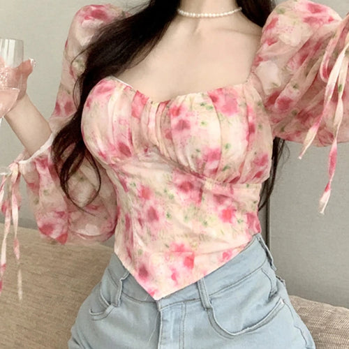 Load image into Gallery viewer, Summer Print Chiffon Women Blouse Elegant Lantern Sleeve Square Neck Fashion Female Blouses Casual Chic Streetwear Outfit
