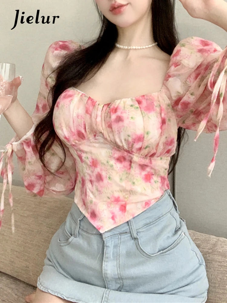 Summer Print Chiffon Women Blouse Elegant Lantern Sleeve Square Neck Fashion Female Blouses Casual Chic Streetwear Outfit