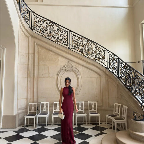 Load image into Gallery viewer, Half High Collar Sleeveless Knit Maxi Dress For Women Fashion Solid Bodycon Sexy Pleated Long Knitted Sweater Dress
