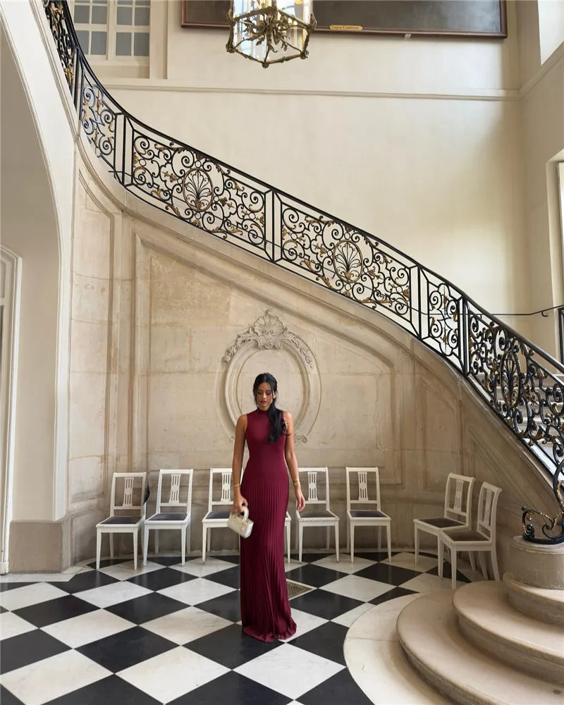 Half High Collar Sleeveless Knit Maxi Dress For Women Fashion Solid Bodycon Sexy Pleated Long Knitted Sweater Dress