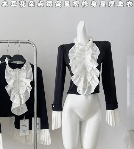 French Women Black White Patchwork Elegant Ruffles Blouse Autumn Fashion Long Sleeve Pleated Shirt Vintage Festival Short Tops