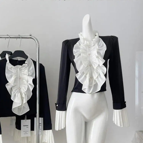 Load image into Gallery viewer, French Women Black White Patchwork Elegant Ruffles Blouse Autumn Fashion Long Sleeve Pleated Shirt Vintage Festival Short Tops
