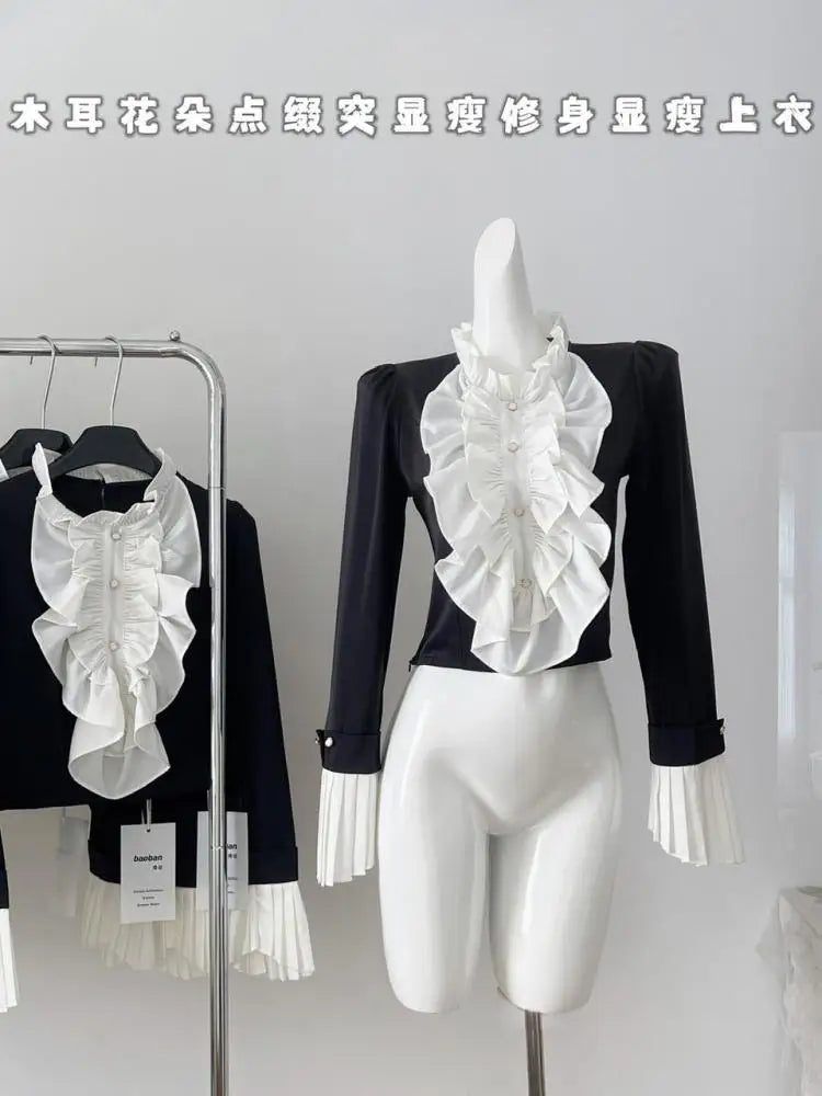 French Women Black White Patchwork Elegant Ruffles Blouse Autumn Fashion Long Sleeve Pleated Shirt Vintage Festival Short Tops