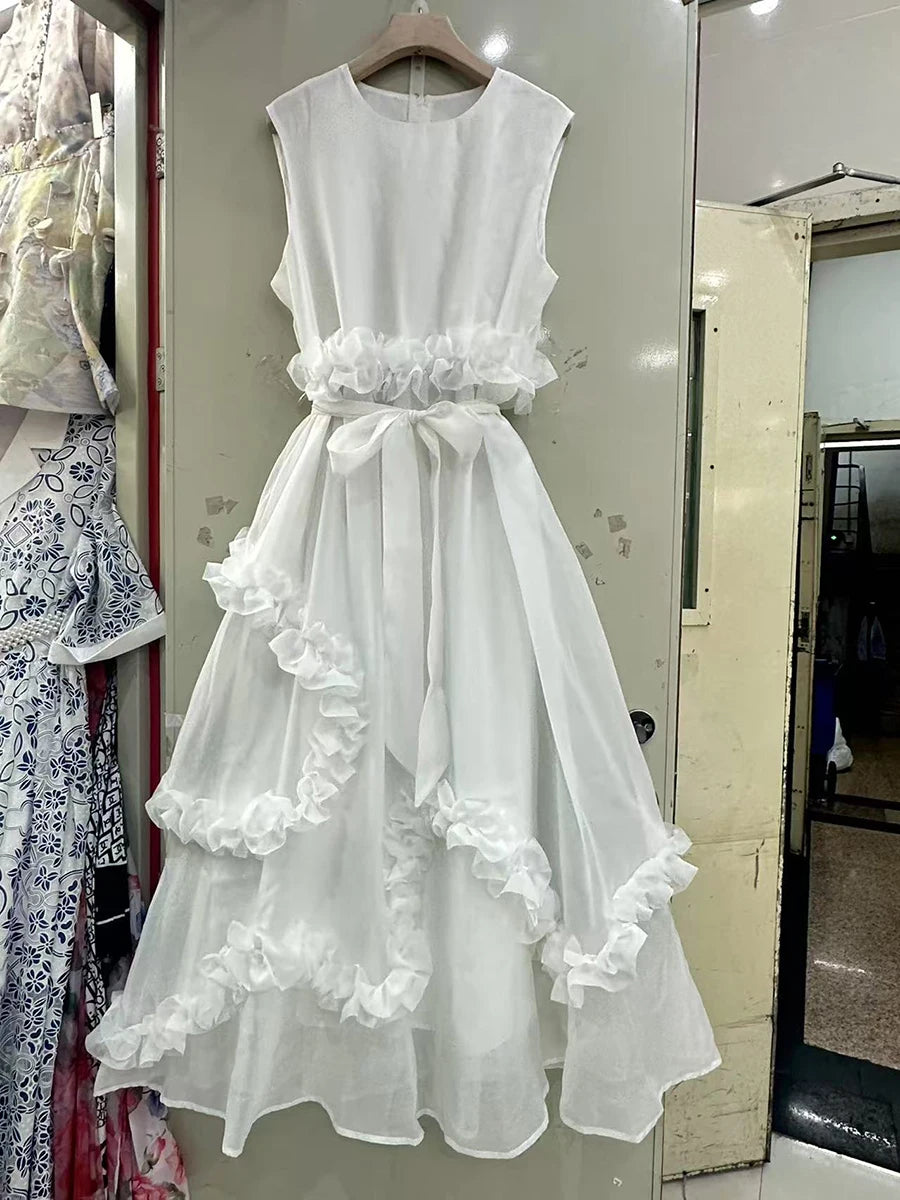 Solid Spliced Ruffles Loose Dresses For Women O Neck Sleeveless High Waist Temperament Long Dress Female Fashion