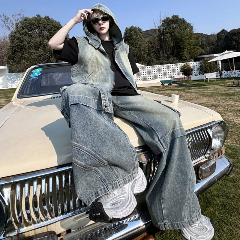 Men's New Spring Pants Denim Set Hooded Vest Solid Color Male Jeans Multi Pockets Stylish American Fashion Menwear 9W1509