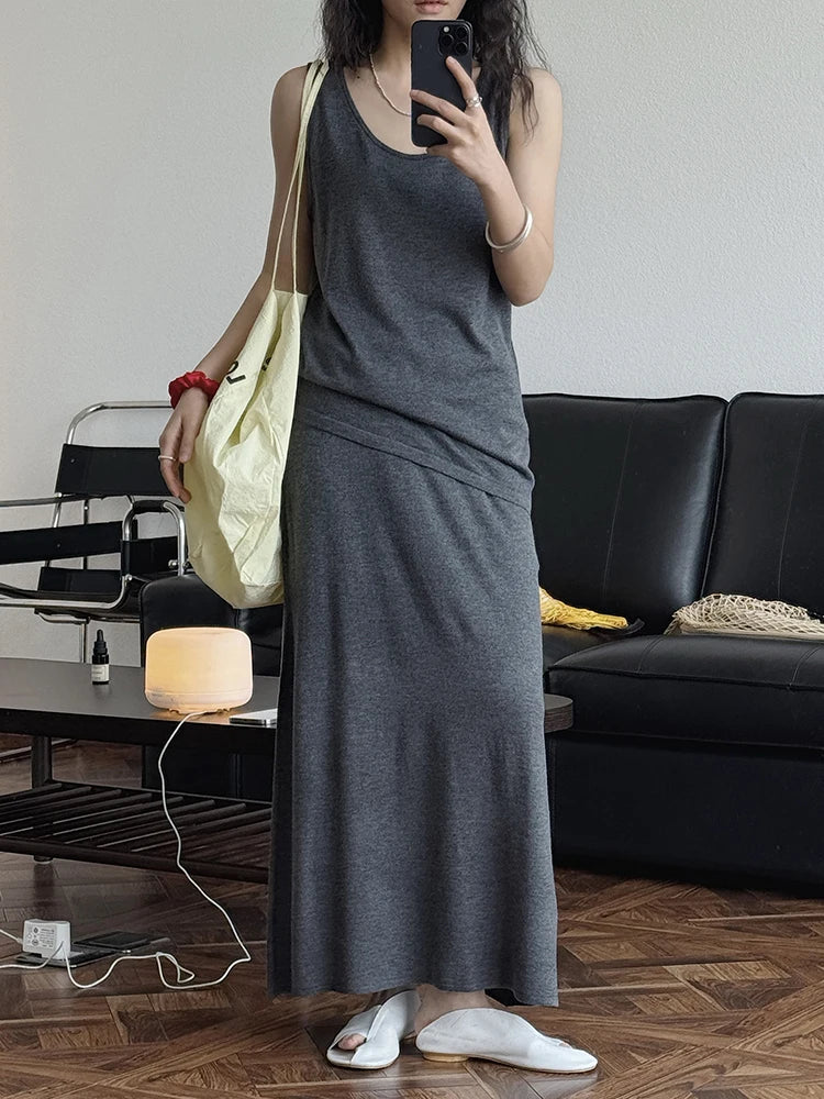 Knitting Vest Half-body Skirt Two Pieces Suit New Round Neck Sleeveless Women Fashion Tide Spring Autumn 2025 1DJ1005