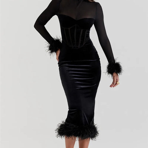 Load image into Gallery viewer, Elegant Feather Sexy Midi Dress For Women Black Fashion Sheer Long Sleeve Backless Bodycon Club Party Long Dress
