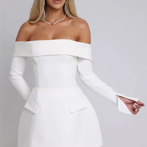 Load image into Gallery viewer, Off-shoulder Long Sleeve Sexy Mini Dress For Women Two Pocket Strapless Backless A-line Club Party Sexy Dress Elegant
