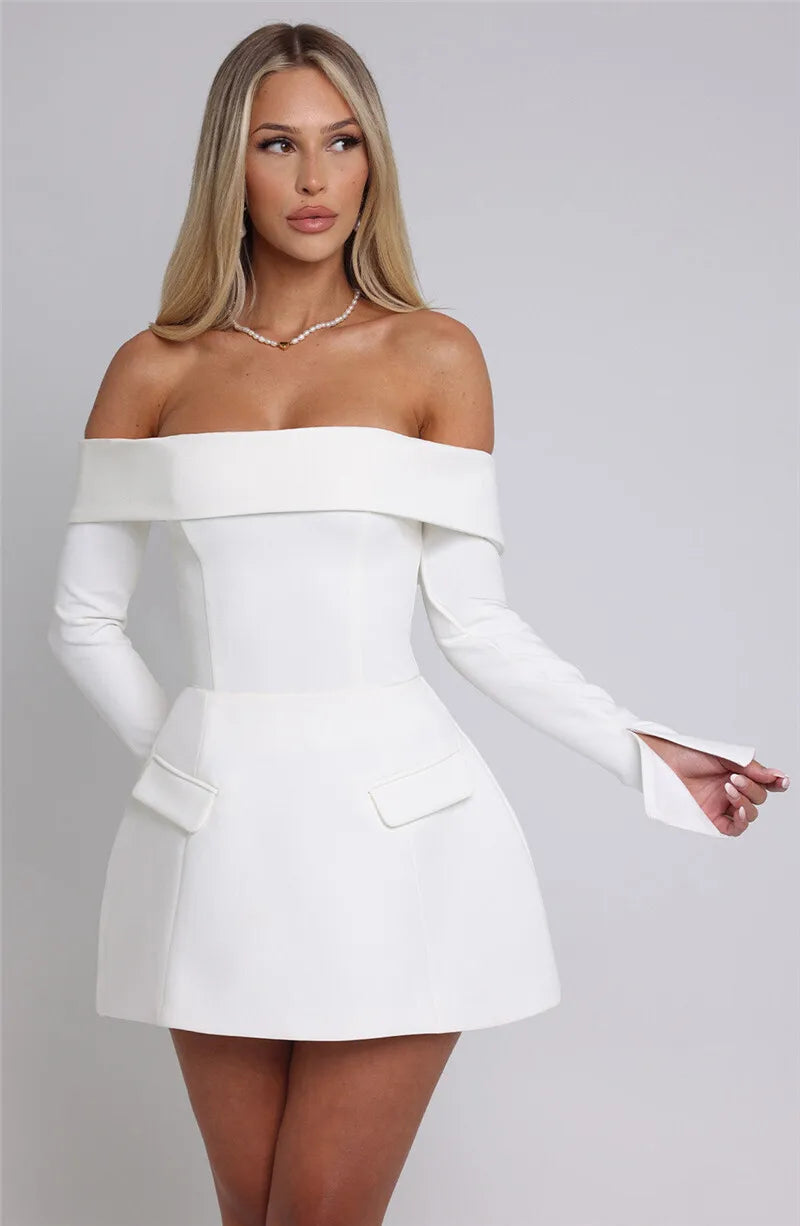 Off-shoulder Long Sleeve Sexy Mini Dress For Women Two Pocket Strapless Backless A-line Club Party Sexy Dress Elegant