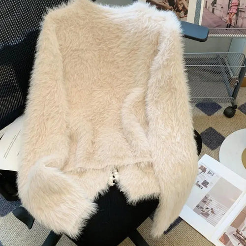 Load image into Gallery viewer, Autumn Winter Chinese Style White V Neck Elegant Knitted Cardigan Tops Women Beige Single Breasted Long Sleeve Mink Sweater Chic
