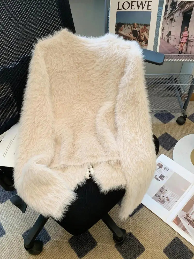 Autumn Winter Chinese Style White V Neck Elegant Knitted Cardigan Tops Women Beige Single Breasted Long Sleeve Mink Sweater Chic