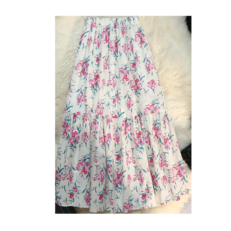 Vintage Floral Print A-line Pleated Long Skirts Summer Women 2023 Casual Skirt Streetwear Elastic Waist Midi Skirt